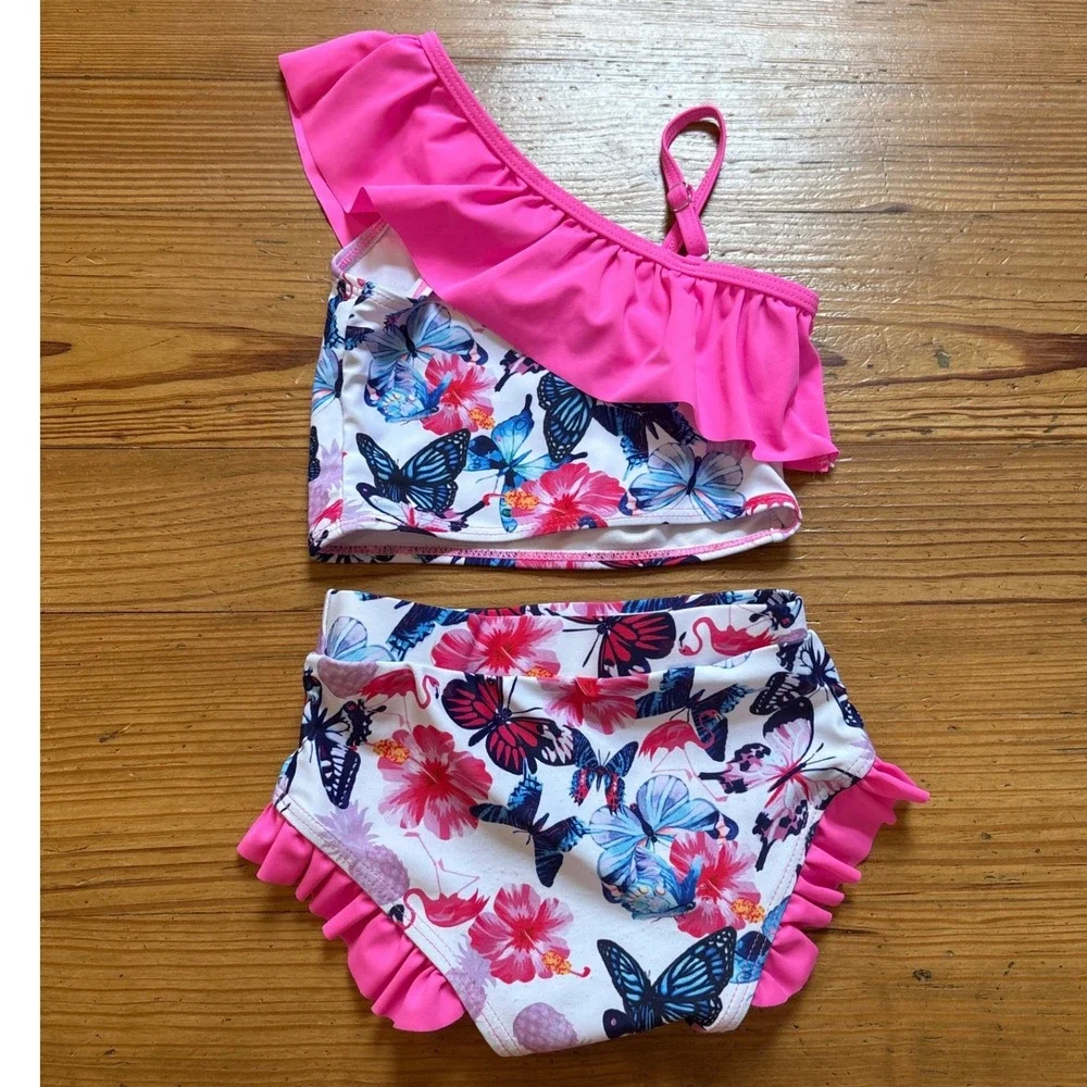 Two Piece Swimsuit Kids Pink Tropical Butterfly Ruffle SIZE 3Y‎